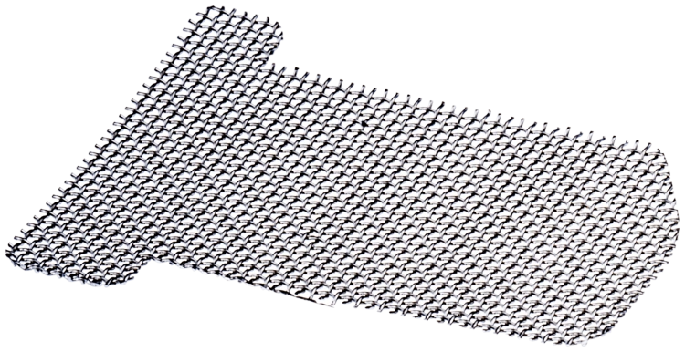 Ekran przeciwiskrowy podkaszarki Husqvarna 223L/223R, metalowy, siatkowy, w kolorze srebrnym. Ujęcie z boku, ukazuje szczegóły struktury materiału oraz widoczne zapięcia. Produkt leży na czarnym tle, co podkreśla jego kształt i formę.