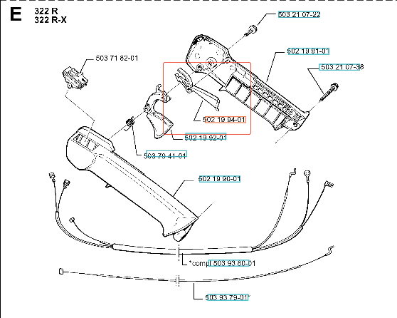 Blokada dźwigni gazu wykaszarki Husqvarna 225R/227R w kolorze czarnym, z materiału sztucznego. Widok z boku, ukazujący konstrukcję i detale, w tym mocowanie. Na tle białym, element w użyciu, pokazujący mechanizm z przyciskami.
