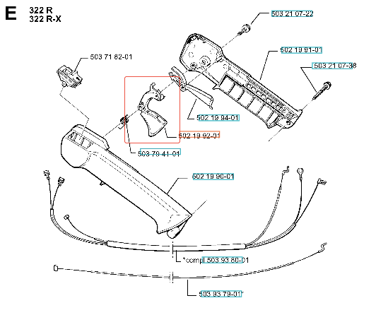 Dźwignia mocy gazu do wykaszarki Husqvarna 225R/227L w kolorze szarym, z ergonomicznym uchwytem i widocznymi przyciskami. Produkt leży na białym tle, z detalami w postaci numerów części i złączek. Idealna do precyzyjnego sterowania urządzeniem.