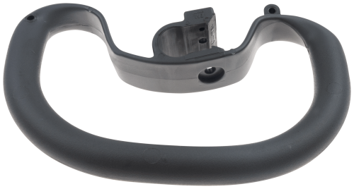 Uchwyt pętlowy wykaszarki Husqvarna 233RJ/525RJX w kolorze czarnym, wykonany z tworzywa sztucznego. Zbliżenie na jego ergonomiczną formę, z otworem na mocowanie. Produkt leży na ciemnym tle, co podkreśla detale i kształt uchwytu.