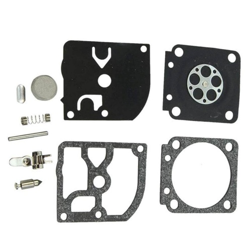Zestaw naprawczy gaźnika do wykaszarki Husqvarna 323R: uszczelki, metalowe sprężyny, zaworki i cienki cylinder na białym tle, z widocznymi detalami.
