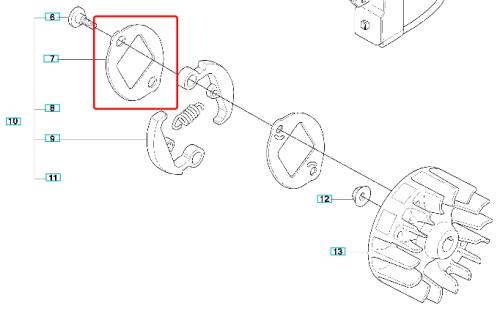 Podkładka sprzęgła wykaszarki Husqvarna 323R, okrągła z centralnym wycięciem, szara lub czarna, metalowa lub plastikowa, z teksturą i mocowaniami, na białym tle, zbliżenie detalu.