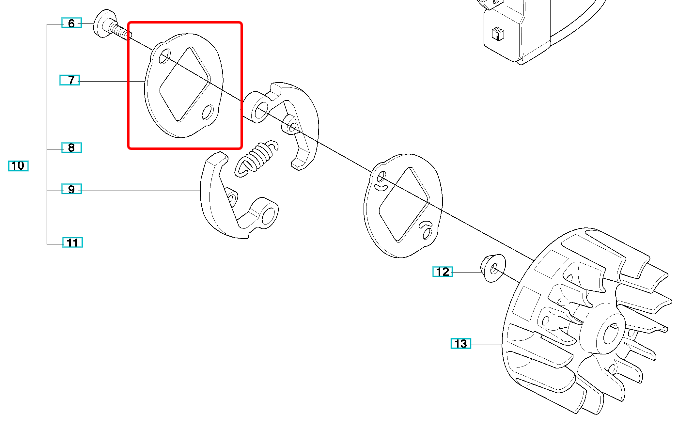 Podkładka sprzęgła wykaszarki Husqvarna 323R, okrągła z centralnym wycięciem, szara lub czarna, metalowa lub plastikowa, z teksturą i mocowaniami, na białym tle, zbliżenie detalu.