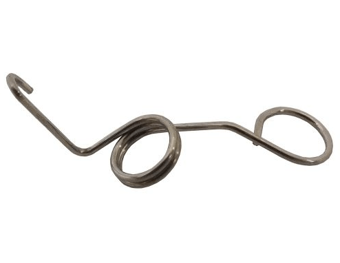 Sprężyna uprzęży wykaszarki 232R/323R Husqvarna, metalowa, z charakterystycznymi zakrzywieniami i dwoma okrągłymi końcówkami. W pozycji poziomej, na jednolitym tle, pokazująca detal konstrukcji. Idealna do zastosowań w ogrodnictwie.