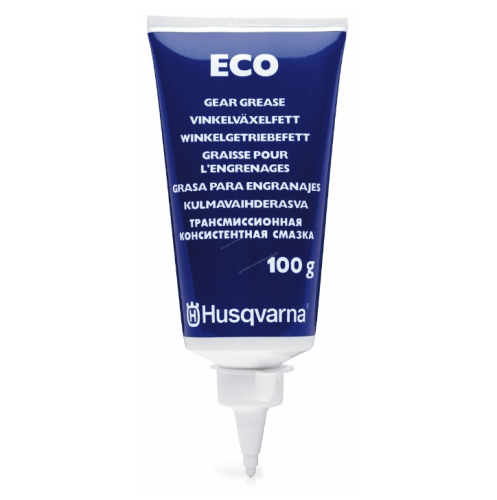 Smar uniwersalny przekładni kątowej Wykaszarki Husqvarna w tubce o pojemności 100 g. Tubka w kolorze niebieskim z białymi napisami, zawiera informacje w kilku językach. Produkt stojący, z widocznym wąskim otworem dozującym na końcu.