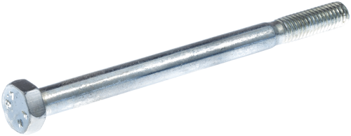 Śruba pilarki Husqvarna, stalowa, metaliczna, cylindryczna, z sześciokątną główką. Widok z boku, pod kątem, ukazujący gwintowaną część. Błyszcząca powierzchnia, brak widocznych napisów lub logo. Idealna do montażu narzędzi.