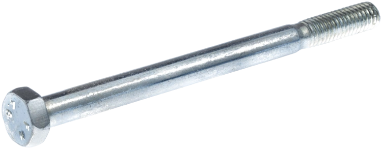 Śruba pilarki Husqvarna, stalowa, metaliczna, cylindryczna, z sześciokątną główką. Widok z boku, pod kątem, ukazujący gwintowaną część. Błyszcząca powierzchnia, brak widocznych napisów lub logo. Idealna do montażu narzędzi.