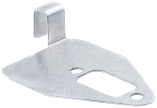 Srebrna uszczelka tłumika kosy Husqvarna 323RII z metalowej blachy, z wycięciem i dwoma otworami (jeden prostokątny), leżąca na czarnym tle. Zbliżenie ukazuje szczegóły kształtu i mocowania.