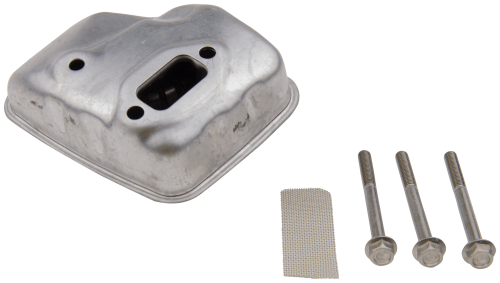 Tłumik wykaszarki Husqvarna 323RII w kolorze srebrnym, metalowy, z widoczną szczeliną na złącze. Obok zamocowane trzy śruby. Tło czarne, fokus na detalu produktu. Produkt leży poziomo, ukazując szczegóły konstrukcji i mocowania.