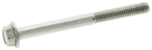 Śruba tłumika wykaszarki Husqvarna 323R, metaliczna, z łbem sześciokątnym. Przedmiot leży poziomo, ukazując gwint i długość. Widoczna faktura metalu. Tło jednolite, co podkreśla detale produktu. Idealna do mocowania elementów tłumika.