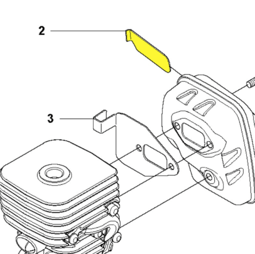 Ekran przeciwiskrowy do podkaszarki Husqvarna 323L/wykaszarki 323RII. Elementy w jasnym żółtym kolorze oraz metalowa wysokościowa część z przodu. Widok z boku, na białym tle, ukazujący osprzęt, z detalami montażowymi oraz oznaczeniami.