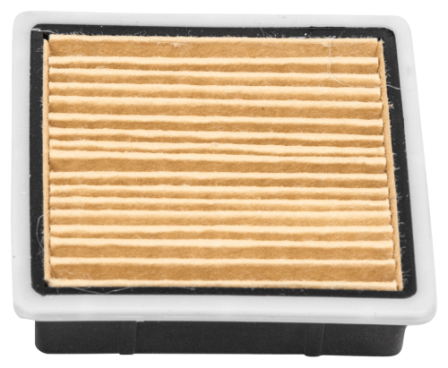 Filtr powietrza do wykaszarki Husqvarna 323R w prostokątnej obudowie. Główna część filtrująca w kolorze żółtym, z widoczną strukturą i delikatnymi bruzdami. Produkt leży na tle neutralnym, z widocznymi krawędziami czarnej ramki.