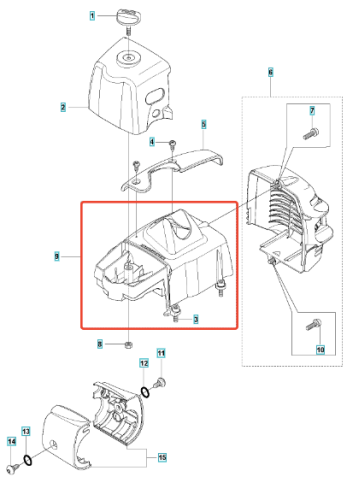 Pokrywa cylindra wykaszarki 323RII Husqvarna, w kolorze szarym, z przodu z widocznym wgłębieniem. Ujęcie frontalne, produkt leży na płaskiej powierzchni. Widoczne mocowania oraz detale strukturalne. Tło proste, białe.