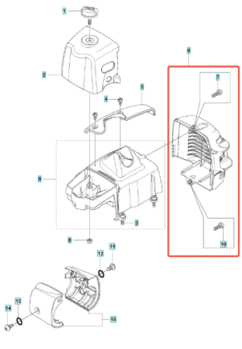 Osłona cieplna wykaszarki Husqvarna 323RII, widoczna z boku, z otworami wentylacyjnymi i logo producenta. Część plastikowa w kolorze czarnym z szarymi detalami, zamontowana na obudowie, pokazująca elementy mocujące.