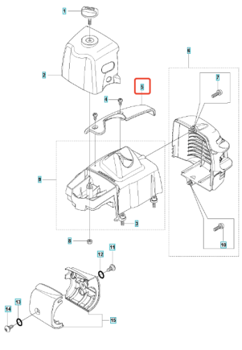 Osłona ramienia nożyc 327HE3 do wykaszarki 323RII Husqvarna, szara, z tworzywa sztucznego, profilowana, z wyraźnymi szczelinami wentylacyjnymi. Produkt ukazany w ujęciu frontalnym, w pozycji stojącej, z wyraźnym logo Husqvarna na boku.