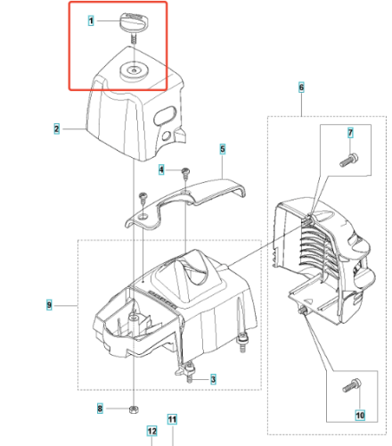 Pokrętło wykaszarki 323RII Husqvarna w kolorze czarnym z metalowym wykończeniem, umieszczone z góry. Widać na nim wyraźnie oznaczenia oraz otwór do montażu. Produkt ma okrągły kształt i ergonomiczny uchwyt, zapewniający wygodę użytkowania.