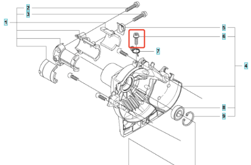 Śruba rozrusznika wykaszarki 323RII Husqvarna, metalowa, cylindryczna, w kolorze szarym. Widok z góry, zbliżenie na detal. Element montażowy, z widocznymi gwintami, umieszczony w obszarze osłony silnika. Tło neutralne, techniczne schematyczne.
