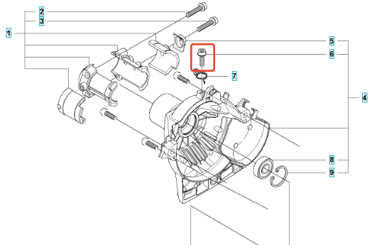 Śruba rozrusznika wykaszarki 323RII Husqvarna, metalowa, cylindryczna, w kolorze szarym. Widok z góry, zbliżenie na detal. Element montażowy, z widocznymi gwintami, umieszczony w obszarze osłony silnika. Tło neutralne, techniczne schematyczne.