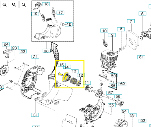 Zestaw naprawczy rozrusznika wykaszarki Husqvarna 124R, zawiera nowe metalowe elementy: śruby, mocowania i obudowę, gotowe do montażu, na jednolitym tle, widok z góry.