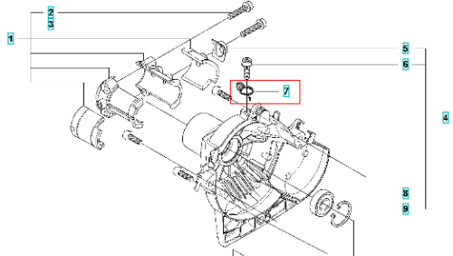 Sprężyna skrzyni korbowej wykaszarki 323RII Husqvarna w widoku izometrycznym. Element metalowy o cylindrycznym kształcie, wyraźnie widoczny w centralnej części rysunku. Brak kolorystyki, tło techniczne ze schematycznymi elementami.