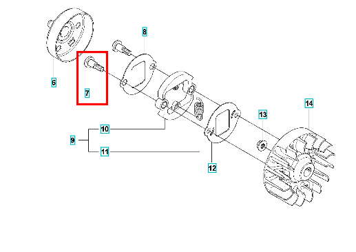 Śruba sprzęgła do wykaszarki Husqvarna 232R/323RII, metalowa, o cylindrycznym kształcie, w kolorze szarym. Widoczna z boku, w złożeniu z innymi elementami, podkreślająca punkt mocowania sprzęgła. Gładka powierzchnia, bez dodatkowych zdobień.