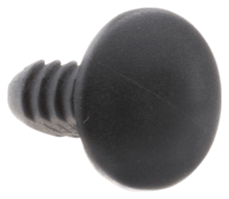 Czarny, okrągły gwóźdź do podkładki szelek wykaszarki, z głowicą w kształcie półkuli i gwintem. Zbliżenie na detale, pokazujące teksturę powierzchni. Produkt leżący na jednolitym tle.