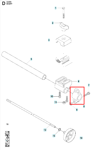Obejma z uchwytem do kosy spalinowej Husqvarna 323RII, czarna, wytrzymała, z widocznym logo. Pokazany z boku, leżący, z detalami mocowania na prostym tle.