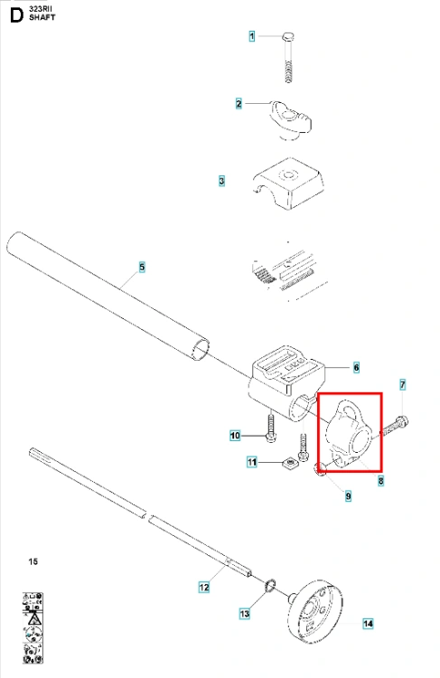 Obejma z uchwytem do kosy spalinowej Husqvarna 323RII, czarna, wytrzymała, z widocznym logo. Pokazany z boku, leżący, z detalami mocowania na prostym tle.