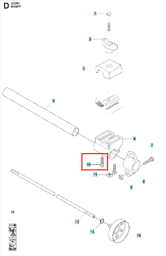 Śruba wału napędowego do wykaszarki Husqvarna 223R/322R, metalowa, o cylindrycznym kształcie, o długości około 3 cm. Widoczna z boku, umieszczona w czerwonym prostokącie, z gwintem na końcu. Produkt na białym tle, gotowy do montażu.