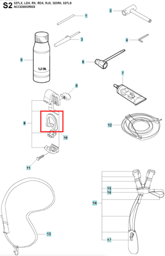 Czarna pętla wykaszarki Husqvarna 323RII/335Rx z tworzywa, ergonomiczna, widok z przodu, leżąca. Stabilizuje narzędzie podczas użytkowania, bez napisów i logo.