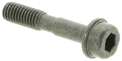 Śruba zacisku wykaszarki 323RII/555FX Husqvarna o metalicznym wykończeniu, z gwintem na całej długości. Wkładka kluczowa w kształcie sześciokąta. Ujęcie z boku, detailowe, ukazujące strukturę i kształt śruby z delikatnym brudem.