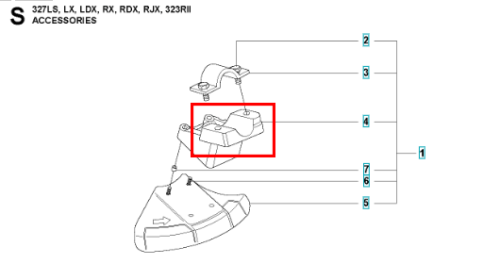 Czarny wspornik/adapter wykaszarki Husqvarna 323RII z tworzywa, widok frontalny, pokazujący mocowanie i oznaczenia, na płaskiej, prostokątnej powierzchni z widocznymi detalami montażowymi.