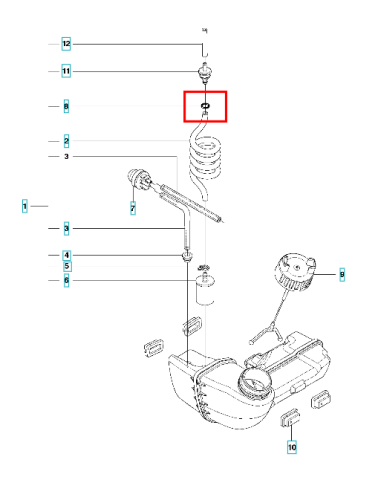 Uszczelka o-ring do wykaszarki Husqvarna 323RII, okrągła, wykonana z elastomeru, w kolorze czarnym. Widok z boku, eksponujący detal wzoru o-ring. Produkt leży na płaskiej powierzchni, otoczony schematem części.
