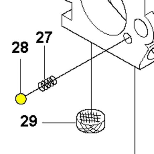 Kulka gaźnika wykaszarki Husqvarna 135R w kolorze żółtym, okrągła, z widocznym gwintem, umieszczona w schemacie. Element ujęty na rysunku technicznym, pod kątem, z detalami montażu. Idealna do naprawy gaźnika w urządzeniach mechanicznych.