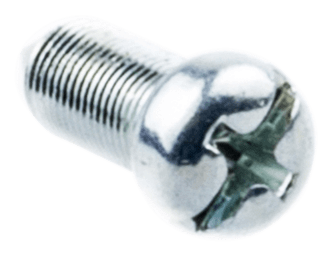 Śruba gaźnika do wykaszarki Husqvarna 323RJ, metaliczna, z główką w kształcie krzyża. Zbliżenie na detale gwintu i gładką powierzchnię. Długość śruby oraz dokładny kształt mogą być kluczowe dla montażu.