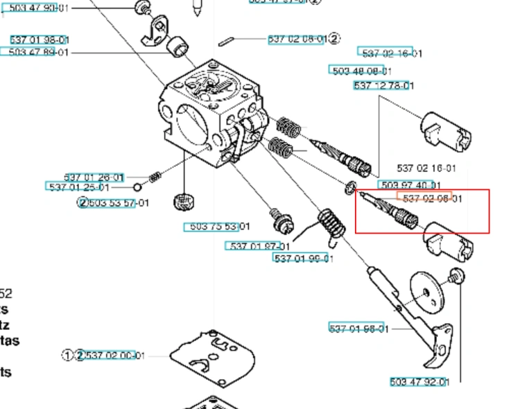 Metalowa śruba gaźnika do wykaszarki Husqvarna 223L/323RJ, widok boczny z detalami gwintu i końcówki na jasnym tle. Widoczne znaki identyfikacyjne. Długość śruby nieznana.