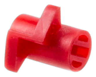 Czerwona nakrętka gaźnika wykaszarki Husqvarna 323RJ, wykonana z tworzywa, prosta z otworami mocującymi, prezentowana z boku w pozycji leżącej, do urządzeń ogrodowych.