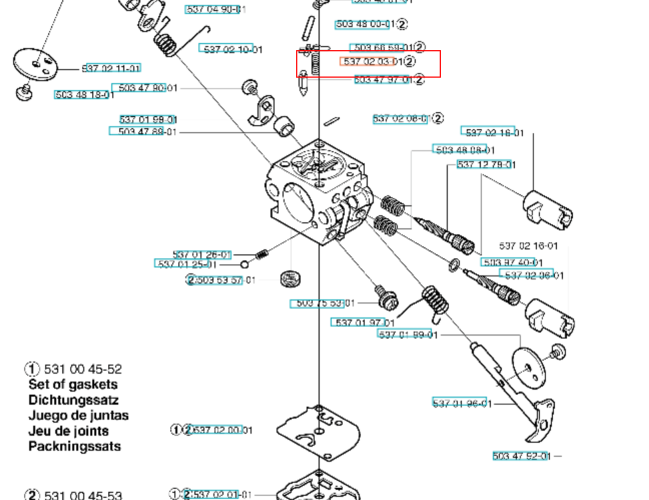 Metalowa sprężyna gaźnika do wykaszarki 323RJ Husqvarna, spiralna o średnicy 1 cm, na białym tle z innymi częściami. Idealna do precyzyjnych napraw urządzeń ogrodowych.