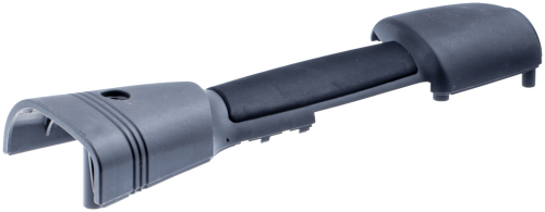 Połowa uchwytu wykaszarki 322R/323RJ Husqvarna w kolorze czarnym, wykonana z odpornych materiałów. Produktywna część z ergonomicznym uchwytem i mocnymi zakończeniami. Ujęcie z boku podkreślające szczegóły konstrukcji.