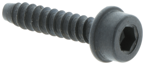 Czarna śruba dźwigni gaźnika z sześciokątną główką, spiralnym gwintem i gładką powierzchnią. Pozioma, bez napisów. Przeznaczona do wykaszarek Husqvarna 323RJ/235R.