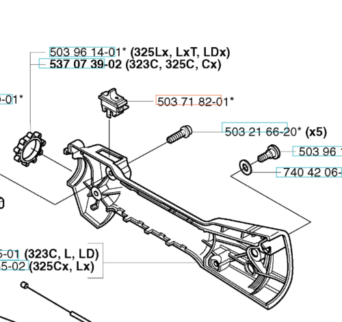 Zestaw elementów do wyłącznika wykaszarki Husqvarna 323RJ, w tym główny korpus, śruby mocujące oraz detale konstrukcyjne. Widok z góry, ukazujący precyzyjne oznaczenia części, w tym modele kompatybilne. Tło w jednolitym, neutralnym kolorze.