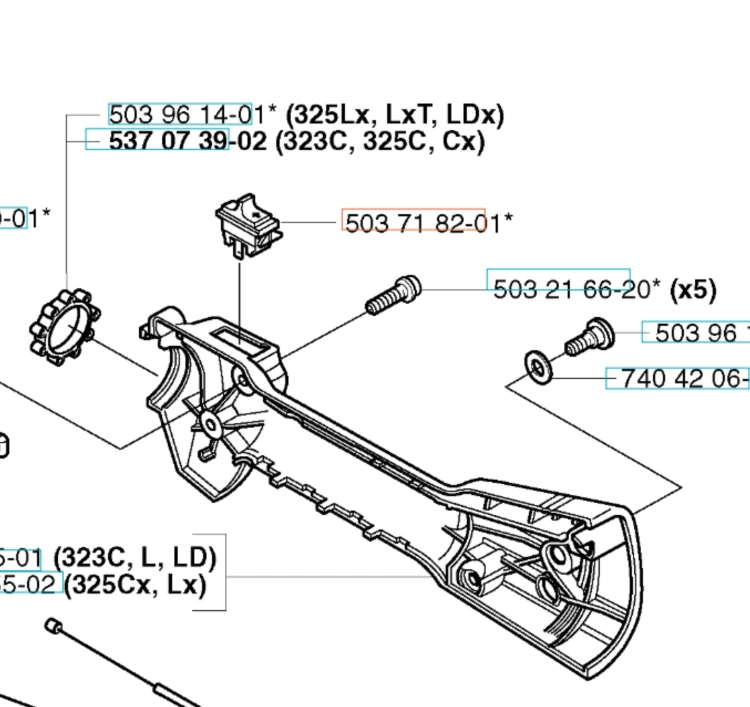 Zestaw elementów do wyłącznika wykaszarki Husqvarna 323RJ, w tym główny korpus, śruby mocujące oraz detale konstrukcyjne. Widok z góry, ukazujący precyzyjne oznaczenia części, w tym modele kompatybilne. Tło w jednolitym, neutralnym kolorze.