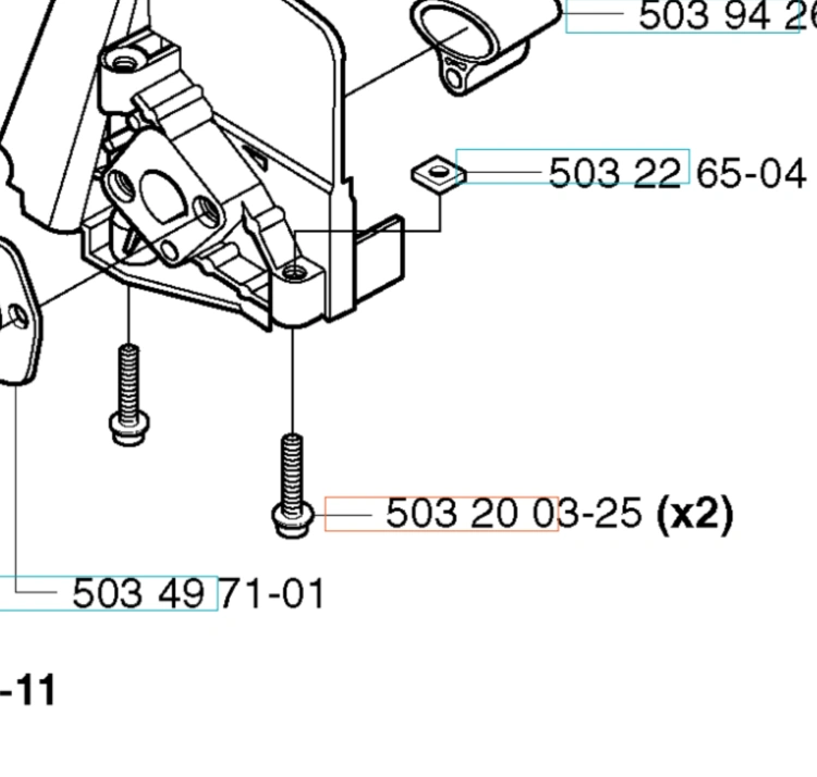 Śruba przegrody izolacyjnej do wykaszarki Husqvarna 323RJ, metalowa, szara, z widocznymi gwintami. Zbliżenie na detale mocowania. Przedstawiona w pozycji stojącej, na białym tle. Widoczne numery katalogowe, dokładny opis części.