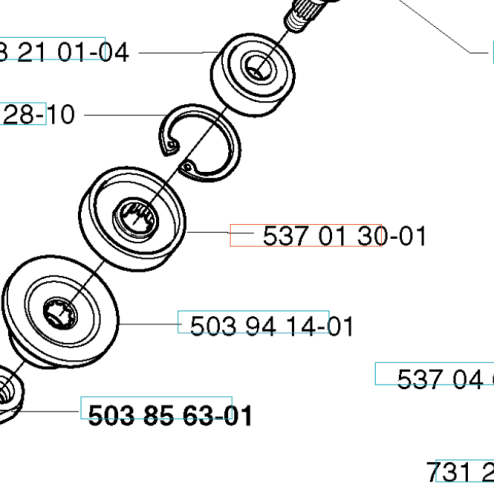 Napęd kosy spalinowej Husqvarna 323RJ, widok z góry, pokazujący rozłożone elementy: krążki, sprężyny, mocowania oraz numery części w czarnym i niebieskim kolorze.
