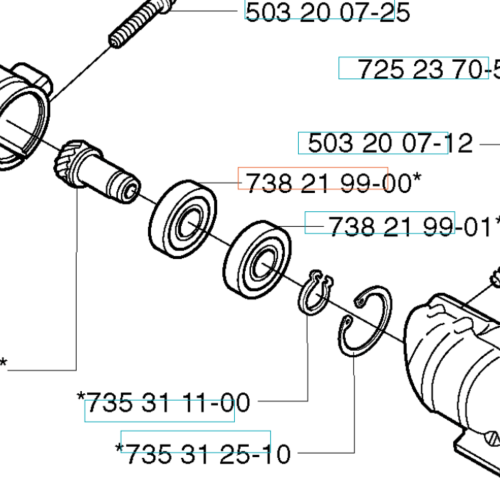 Łożysko kulkowe 609 do wykaszarki 323RJ Husqvarna, metalowe, okrągłe z otworem, widoczne z boku w układzie złożonym obok części montażowych i numerów katalogowych.