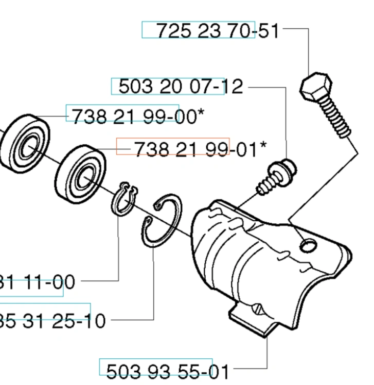 Śruba M5x12 12.9 DS do wykaszarki Husqvarna 323RJ, metalowa, srebrna. Widok boczny z detalami gwintu i sześciokątnej główki, na białym tle, w otoczeniu części montażowych z numerami katalogowymi.