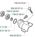 Śruba M6x20 8.8 z nagwintowanym łbem, wykonana z metalu w kolorze stalowym. Ukazana z boku, leżąca na białym tle. Widoczne numery katalogowe na rysunku technicznym oraz elementy montażowe, takie jak podkładki i pierścień.