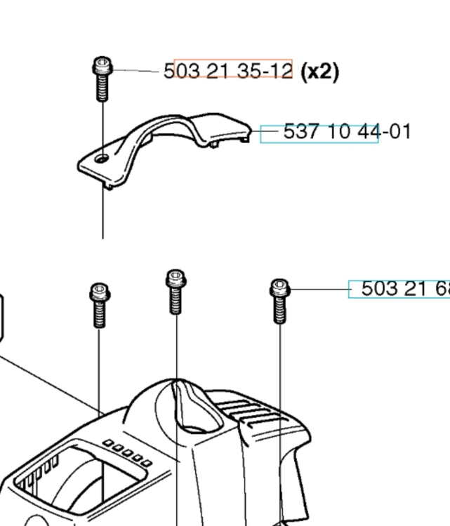Śruba ST4.2x12 CH do pokrywy wykaszarki Husqvarna 323RJ, metaliczna z gwintem i napisem. Ujęcie frontalne, pionowe mocowanie. Zestaw zawiera dodatkowe śruby do montażu pokrywy.