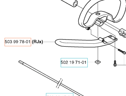 Uchwyt D-STYLE do wykaszarki Husqvarna 323RJ, biały plastikowy z metalowym prętem, oznaczenia 503 99 78-01 i 502 19 71-01, widoczny z góry, w pozycji rozłożonej jako część narzędzia.