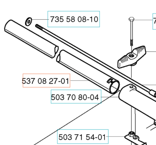 Rura DEL KPL NED do wykaszarki Husqvarna 323RJ, metalowa, prostokątna w kształcie. Widoczny mocujący pierścień oraz śruby. Elementy na białym tle zapewniają wyraźny kontrast dla szczegółów produktu. Wymiary nie są widoczne.